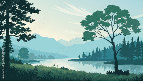 A peaceful, illustrated landscape featuring a tranquil river winding through a valley nestled between majestic mountains.
