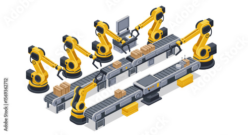 Isometric vector illustration of a robotic assembly line for automated manufacturing design