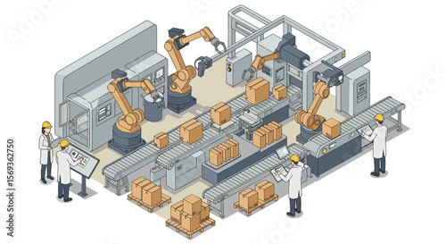 Factory automation scene with robotic arms and engineers vector illustration for industry and technology design