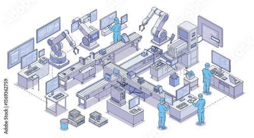 Isometric factory automation vector illustration: industrial manufacturing with robotics and smart technology