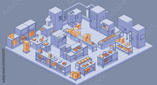 Isometric bakery kitchen layout with equipment and baked goods vector illustration