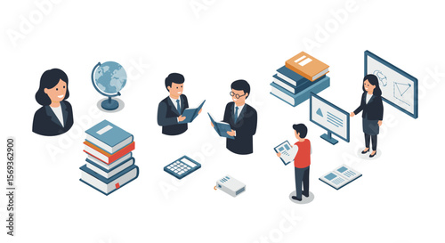 Academic collaboration and learning in office environment vector illustration - education and teamwork concept