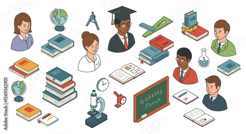 Educational theme vector illustration with students, books, and scientific tools in flat style for academic and learning designs
