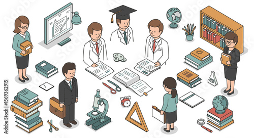Education and science isometric vector illustration for classroom design and learning materials