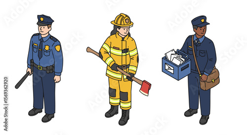 Profession illustrations featuring police officer, firefighter, and mail carrier in flat vector style