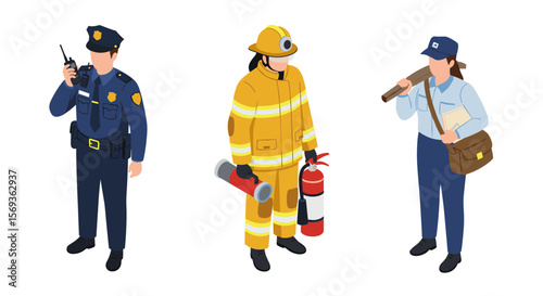 Isometric vector illustration of essential occupations: police officer, firefighter, and postal worker