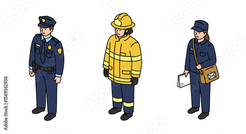 Professions vector illustration: police officer, firefighter, and mail carrier in flat style