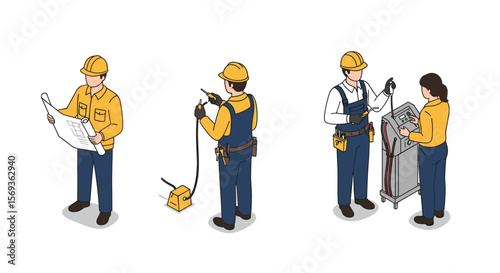 Isometric vector illustration of construction worker activities for design and infographics