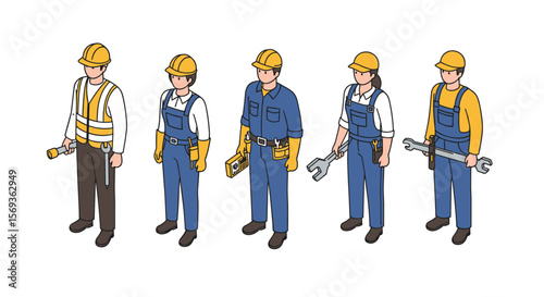 Construction worker characters in uniforms: flat vector illustration for design projects
