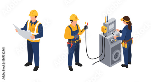 Industrial workers performing tasks with equipment isometric vector illustration for design and education