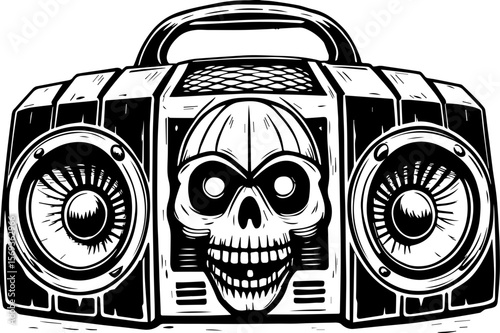 SVG design blending Halloween themes with a playful summer vibe. Skull-Themed Boombox Illustration for Party and Music Events