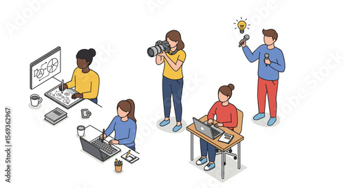 Creative professions vector illustration: designers, photographers, and journalists in isometric style