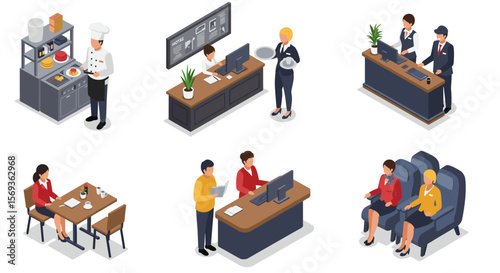 Hospitality industry isometric vector illustration: restaurant, reception, and airline services for business use