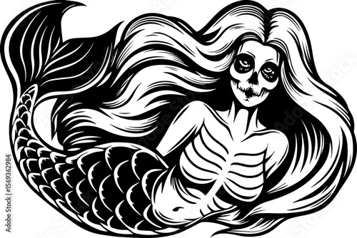 SVG design blending Halloween themes with a playful summer vibe. Mysterious Mermaid with Skull and Flowing Hair in Black and White