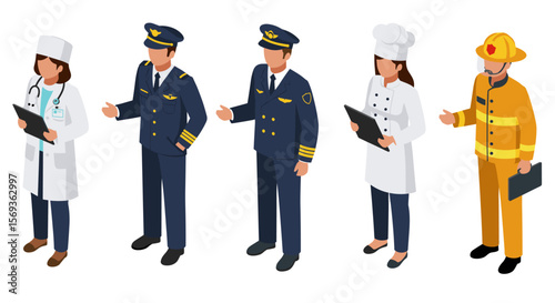 Isometric vector illustration of diverse professional uniforms for career representation poster