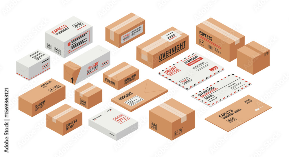 Fototapeta premium Isometric vector illustration of various shipping boxes and envelopes for logistics and delivery design