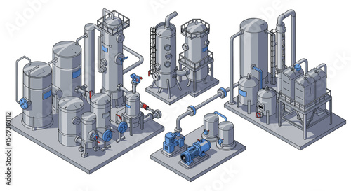 Isometric industrial equipment vector illustration for engineering design and technical diagrams