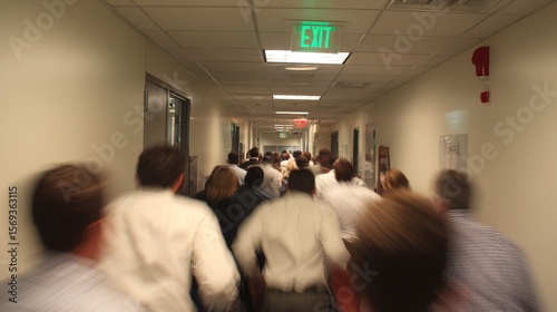 A crowd of business people hurriedly rush down a narrow office hallway towards an exit sign.