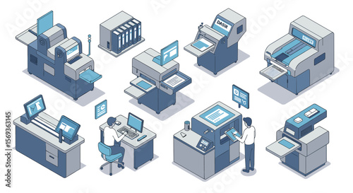 Isometric vector illustration of a printing office with equipment and workers for business design