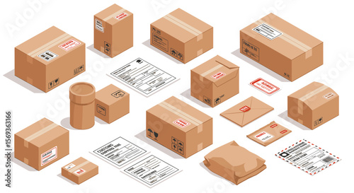 Isometric vector illustration of shipping boxes and labels for logistics and packaging design