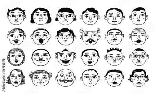 Diverse faces with varied expressions and hairstyles