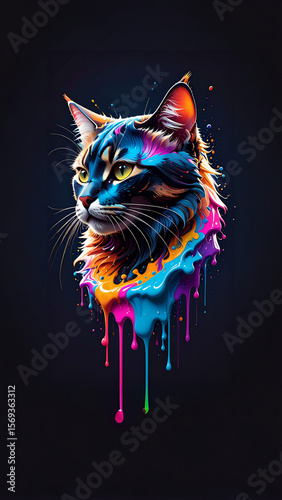 cat on a black background, mobile phone background illustration of cat combined with melting paint