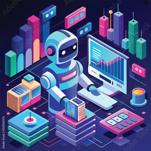 Futuristic robot analyzing data and charts in a digital world silhouette