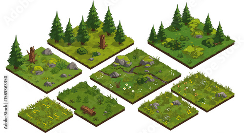 Forest landscape elements vector illustration for game design and nature projects in isometric style