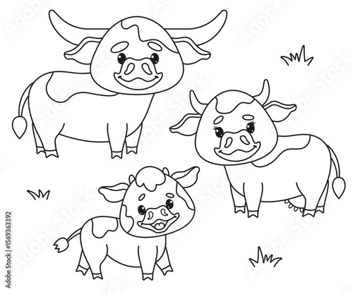 Coloring Page Set of Cute Cartoon Cows. Vector Illustration