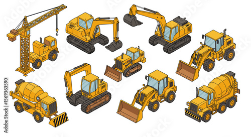 Construction vehicles vector illustration: cranes, excavators, bulldozers, and cement mixers for design and print