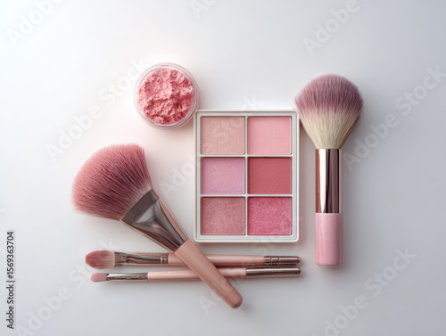 Beautifully composed shot of blush palettes, makeup brushes, and powder container, showcasing soft pink tones and elegant design, perfect for beauty enthusiasts