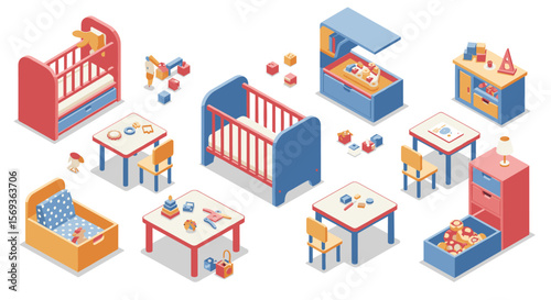Isometric nursery room vector illustration with furniture and toys for children's design projects
