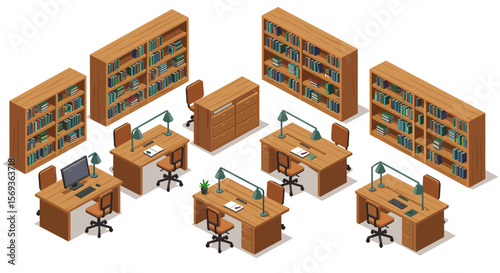 Office library isometric vector illustration for modern workspace design