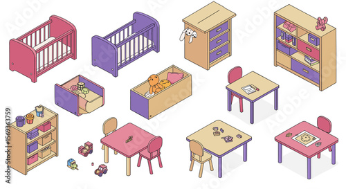 Cute nursery furniture vector illustration featuring cribs, tables, and cabinets in isometric style for children's room design