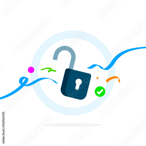 Open padlock with check mark and festive ribbons. Concept of unlocked feature, granted access, login success, permission approved, secure access, or data unlocked. Illustration for apps or website ui