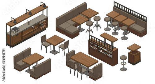 Isometric cafe furniture vector illustration for interior design and layout concepts