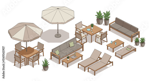 Outdoor patio furniture arrangement vector illustration for design projects in isometric style