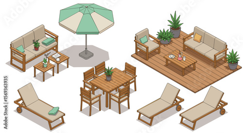 Outdoor patio furniture vector illustration for garden design in isometric style