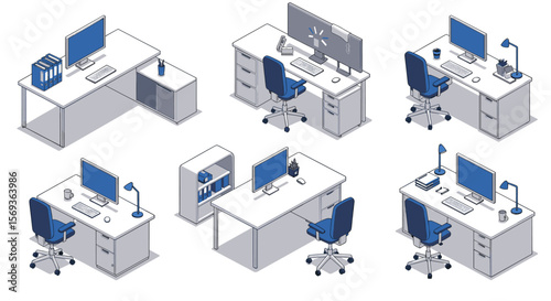 Modern office desk setups vector illustration in isometric style for workspace design