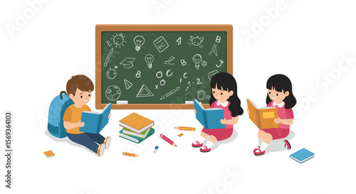 Kids reading books in classroom vector illustration for education design in flat style