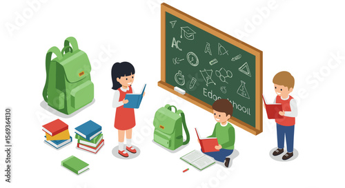 Back to school vector illustration with children learning and studying in classroom - flat style design for educational materials
