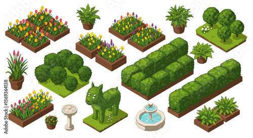 Isometric garden design vector illustration with topiary animals and flower beds for landscaping projects
