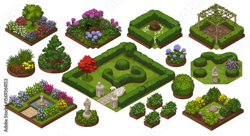 Isometric garden elements vector illustration for landscape design and decoration