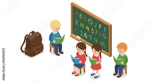 Isometric vector illustration of children learning in classroom with chalkboard scene