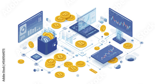 Cryptocurrency technology concept with digital wallet and bitcoins vector illustration for web design