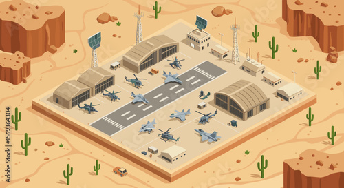 Isometric desert military base vector illustration with aircraft and helipads for defense design