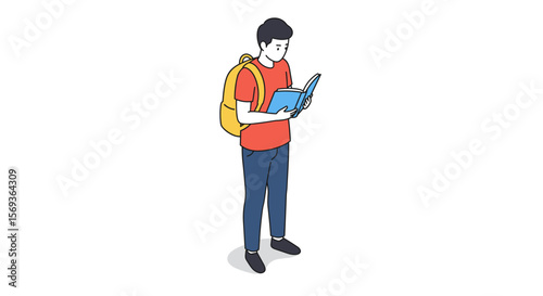 Young student reading a book with backpack in minimalist vector illustration for educational and academic design