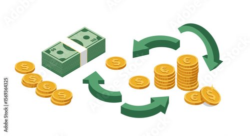 Isometric vector illustration of currency exchange with coins, banknotes, and arrows for financial concepts