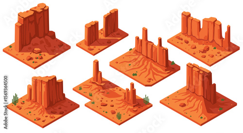 Desert landscape vector illustration with isometric rock formations for game design