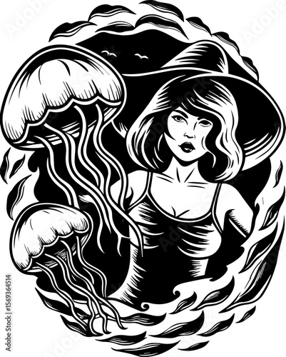 SVG design blending Halloween themes with a playful summer vibe. Woman with Jellyfish and Summer Vibes in Stylish Black and White Art